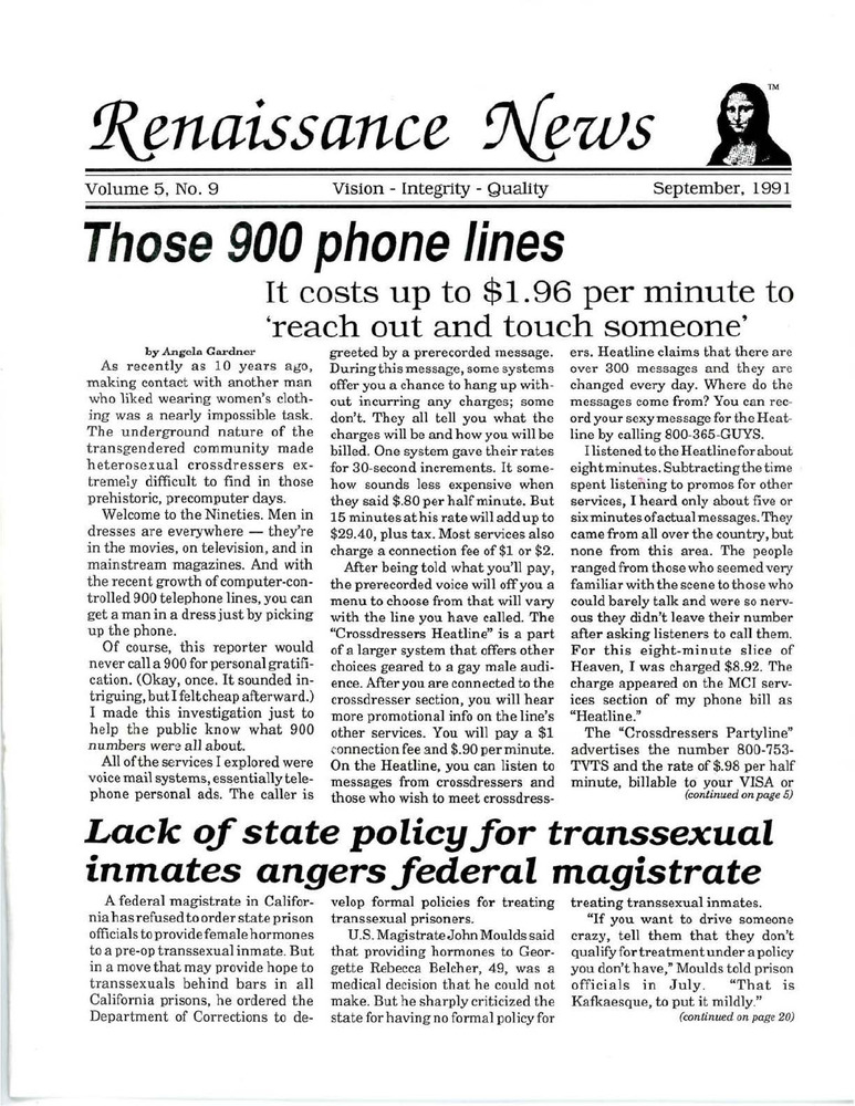 Download the full-sized PDF of Renaissance News, Vol. 5 No. 9 (September 1991)