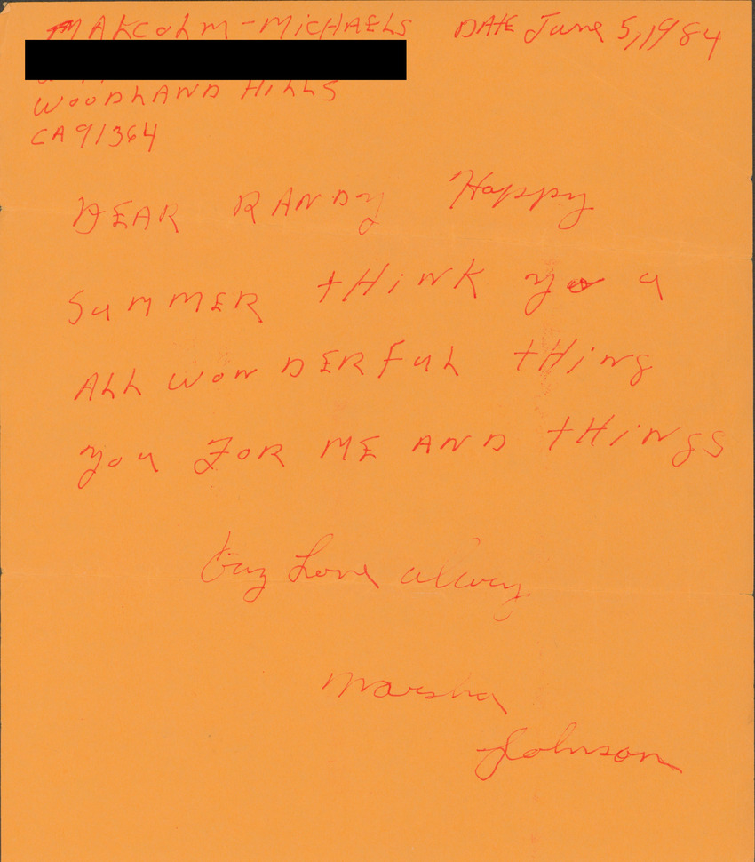 Download the full-sized PDF of A Card From Marsha P. Johnson to Randy Wicker