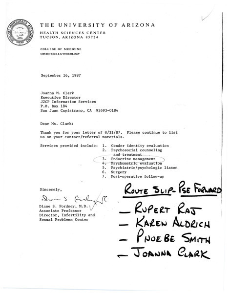 Download the full-sized image of Letter from Diane S. Fordney to Joanna Clark (September 16, 1987)