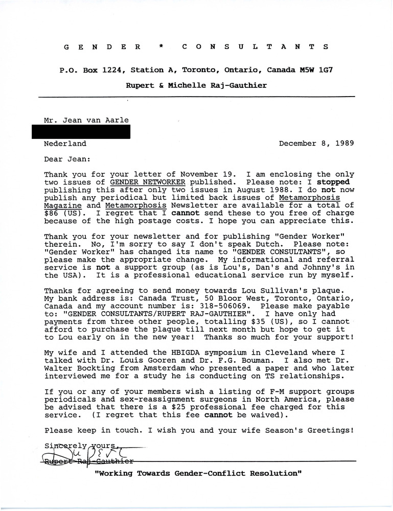 Download the full-sized PDF of Letter from Rupert Raj to Jean Van Aarle (December 8, 1989)