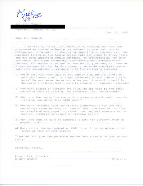 Download the full-sized image of Letter from Rupert Raj to Dr. Yvon Menard (January 27, 1989)