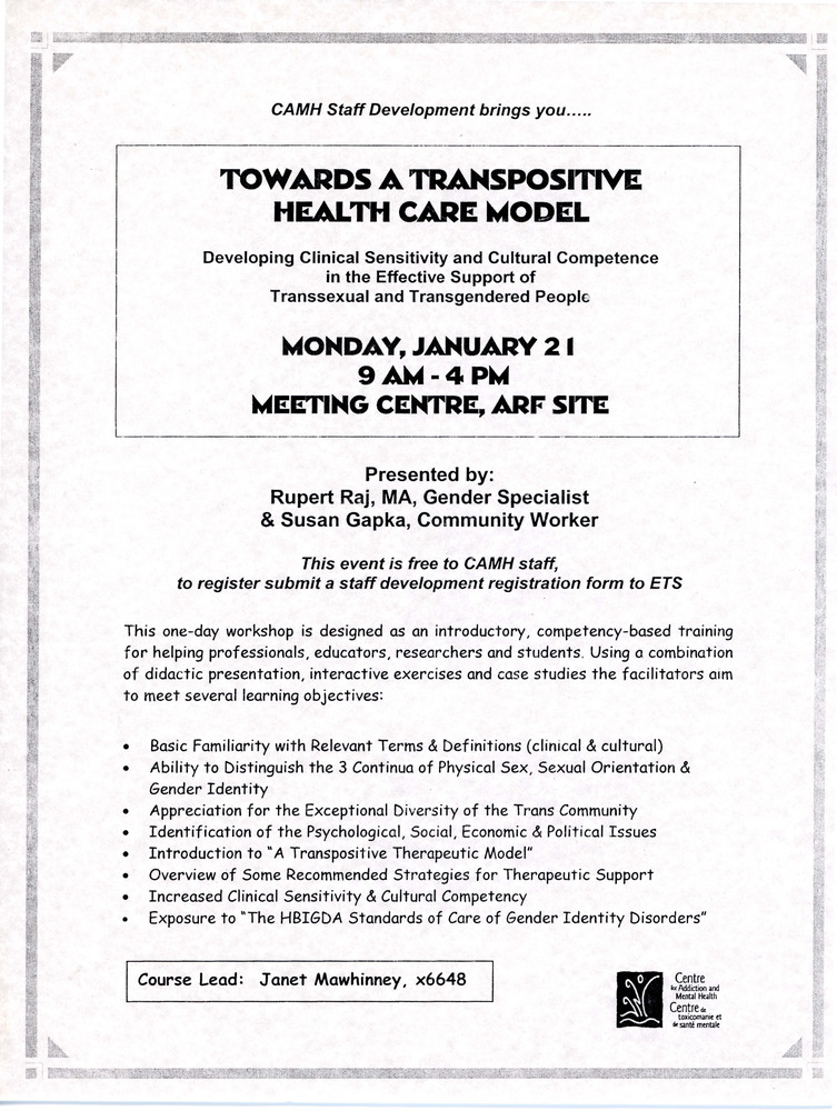 Download the full-sized image of Flyer for Towards a Transpositive Health Care Model Workshop