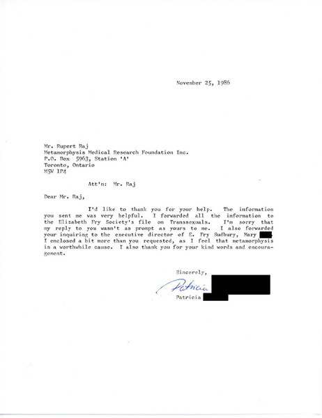 Download the full-sized image of Letter from Patricia to Rupert Raj (November 25, 1986)