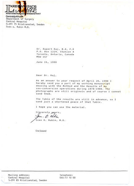 Download the full-sized image of Letter from Dr. Sven O. Rubin to Rupert Raj (June 15, 1990)