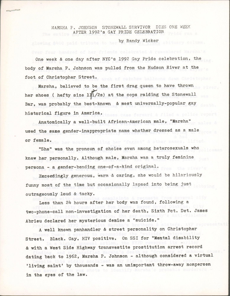 Download the full-sized PDF of Marsha P. Johnson Stonewall Survivor Dies One Week After 1992's Gay Pride Celebration