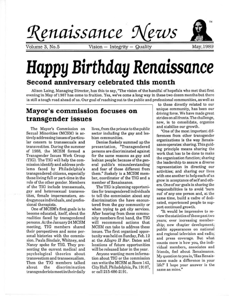 Download the full-sized PDF of Renaissance News, Vol. 3 No. 5 (May 1989)
