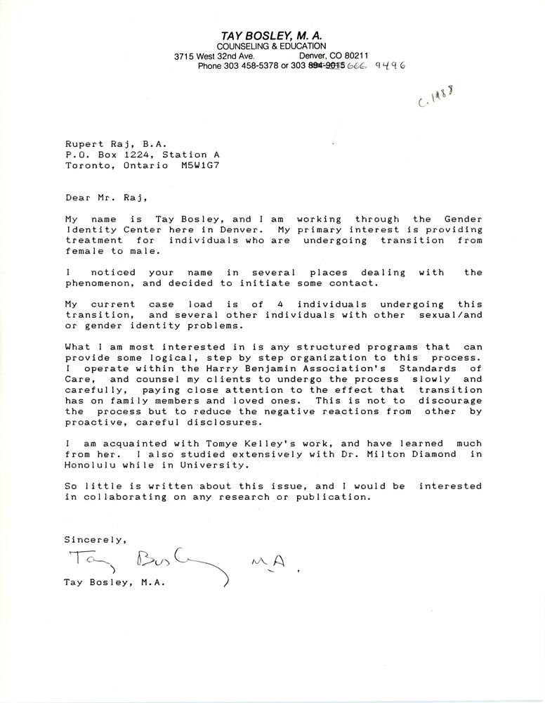 Download the full-sized PDF of Letter to Rupert Raj from Dr. S. H. Biber (January 31, 1989)