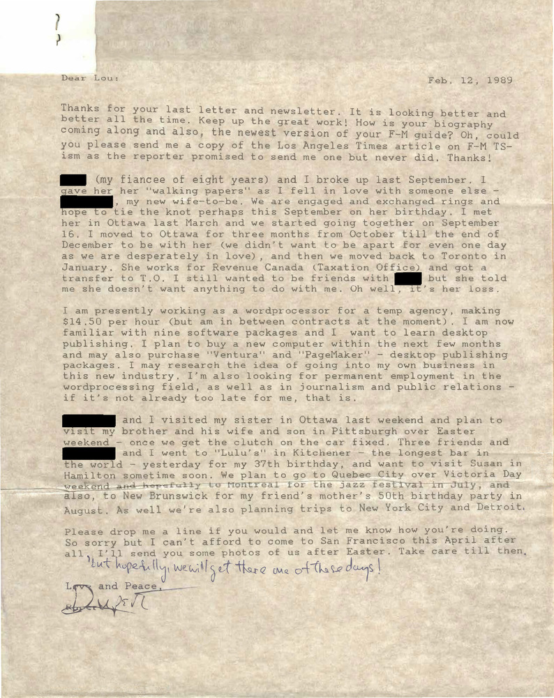 Download the full-sized PDF of Correspondence from Rupert Raj to Lou Sullivan (February 12, 1989)