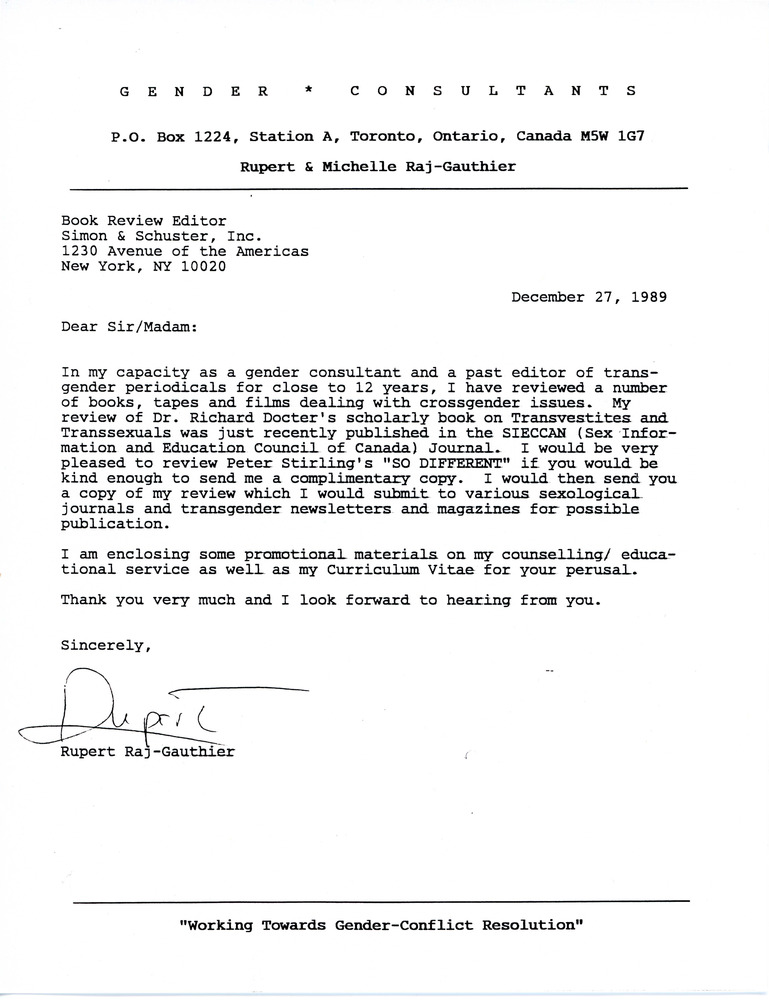 Download the full-sized PDF of Letter from Rupert Raj to Simon & Schuster Book Review Editor (December 27, 1989)