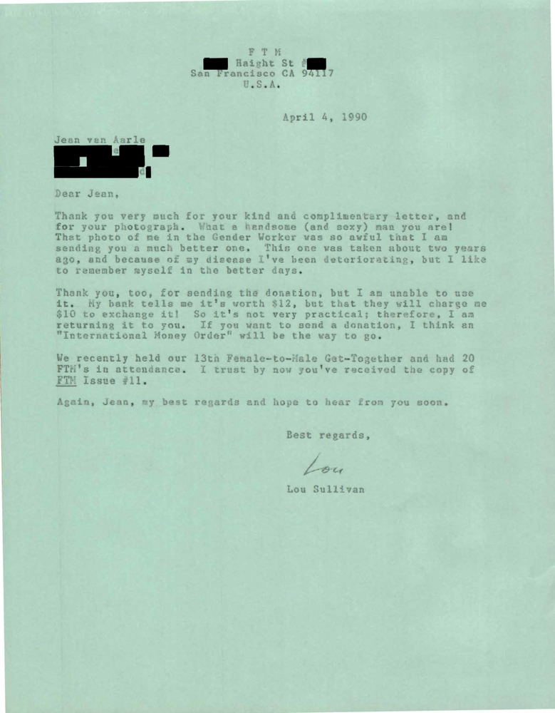 Download the full-sized PDF of Correspondence from Lou Sullivan to Jean Van Aarle (April 4, 1990)