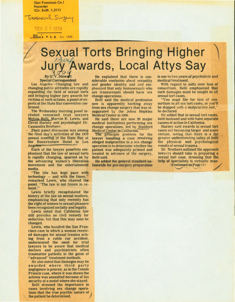 Download the full-sized PDF of Sexual Torts Bringing Higher Jury Awards, Local Attys Say; Conference Topics Range from Cancer to Sex Changes