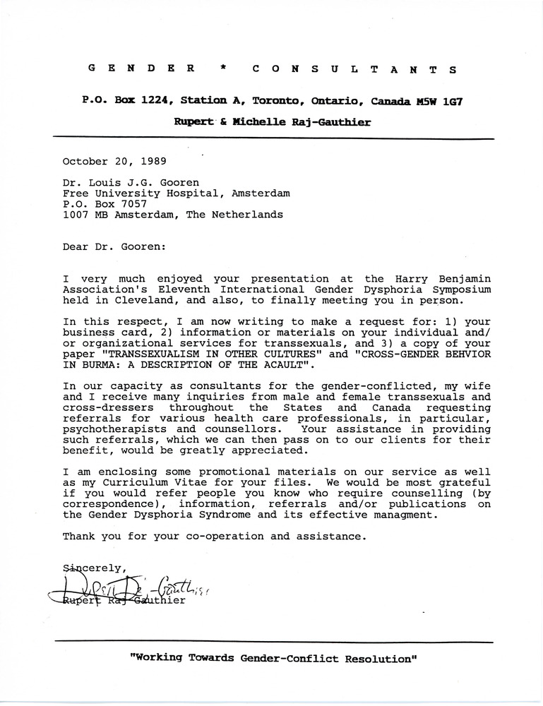 Download the full-sized image of Letter from Rupert Raj to Dr. Louis J.G. Goren (October 20, 1989)