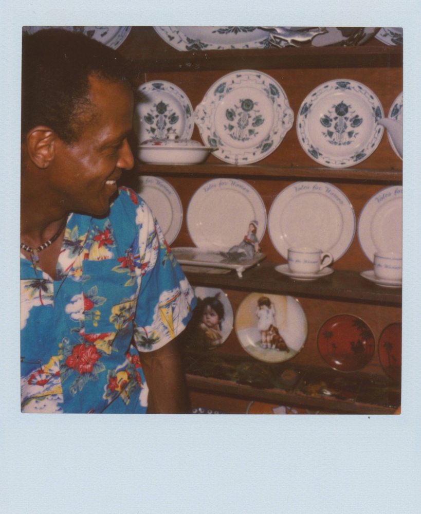 Download the full-sized image of A Photograph of Marsha P. Johnson in a Blue Hawaiian Shirt Looking at Porcelain Plates