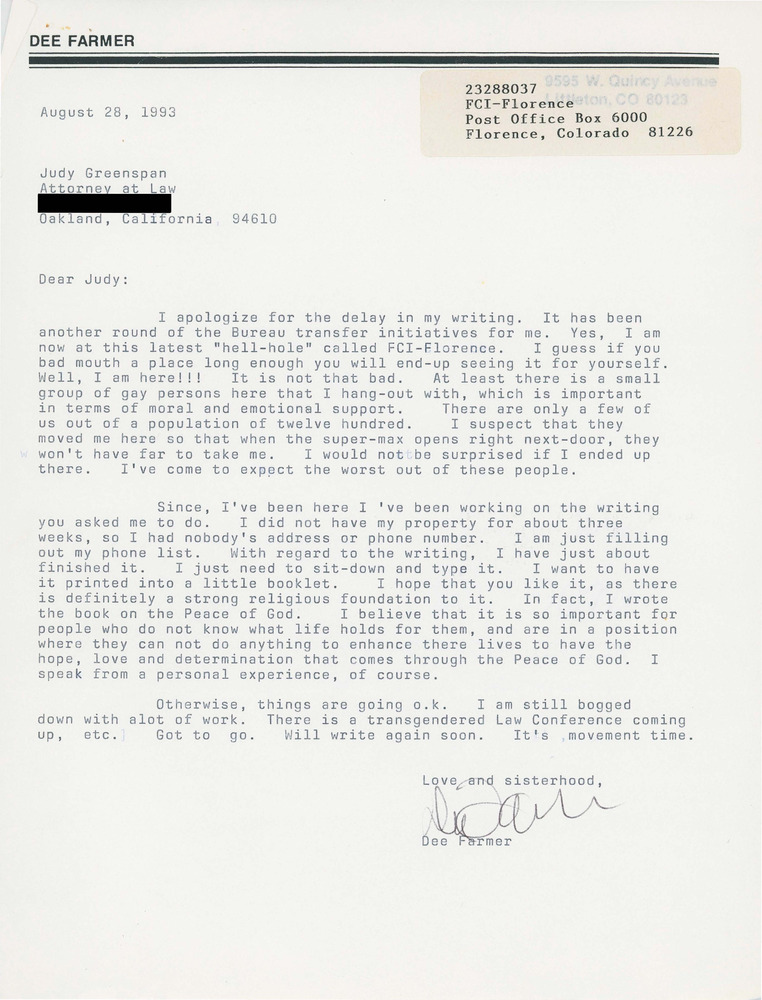 Download the full-sized PDF of Letter from Dee Farmer to Judy Greenspan on FCI-Florence