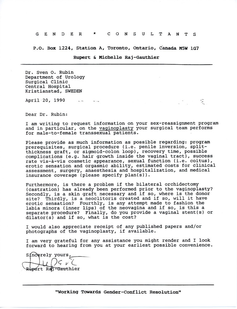Download the full-sized image of Letter from Rupert Raj to Dr. Sven O. Rubin (April 20, 1990)