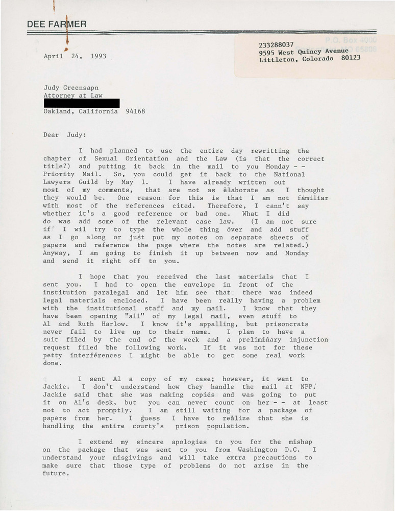 Download the full-sized PDF of Letter from Dee Farmer on Attempts to Bring Case to the Supreme Court