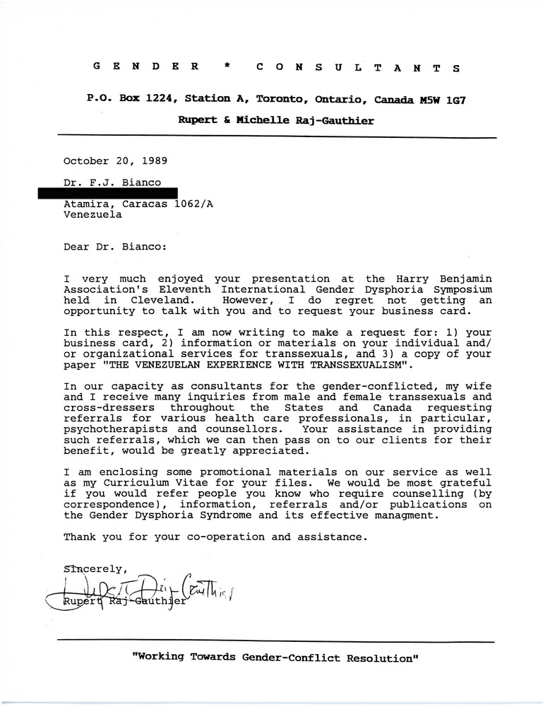 Download the full-sized image of Letter from Rupert Raj to Dr. F.J. Bianco (October 20, 1989)