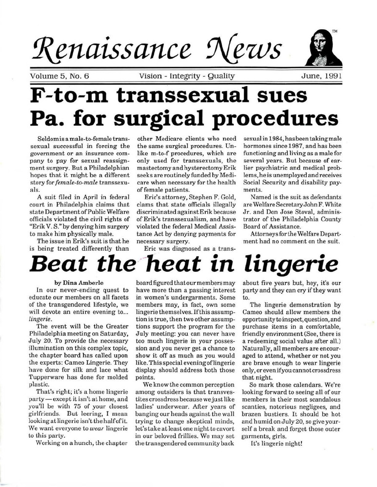 Download the full-sized PDF of Renaissance News, Vol. 5 No. 6 (June 1991)