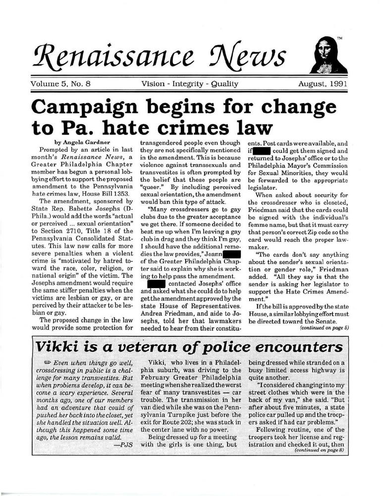 Download the full-sized PDF of Renaissance News, Vol. 5 No. 8 (August 1991)