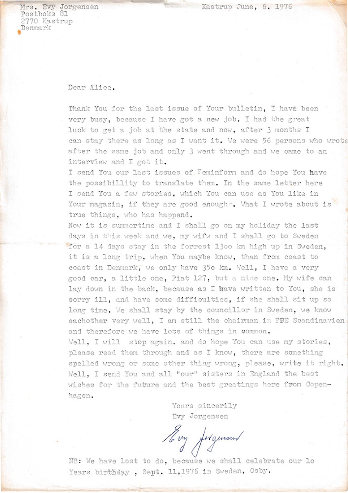 Download the full-sized PDF of Correspondence from Evy Jorgensen to Alice Purnell (June 6, 1976)