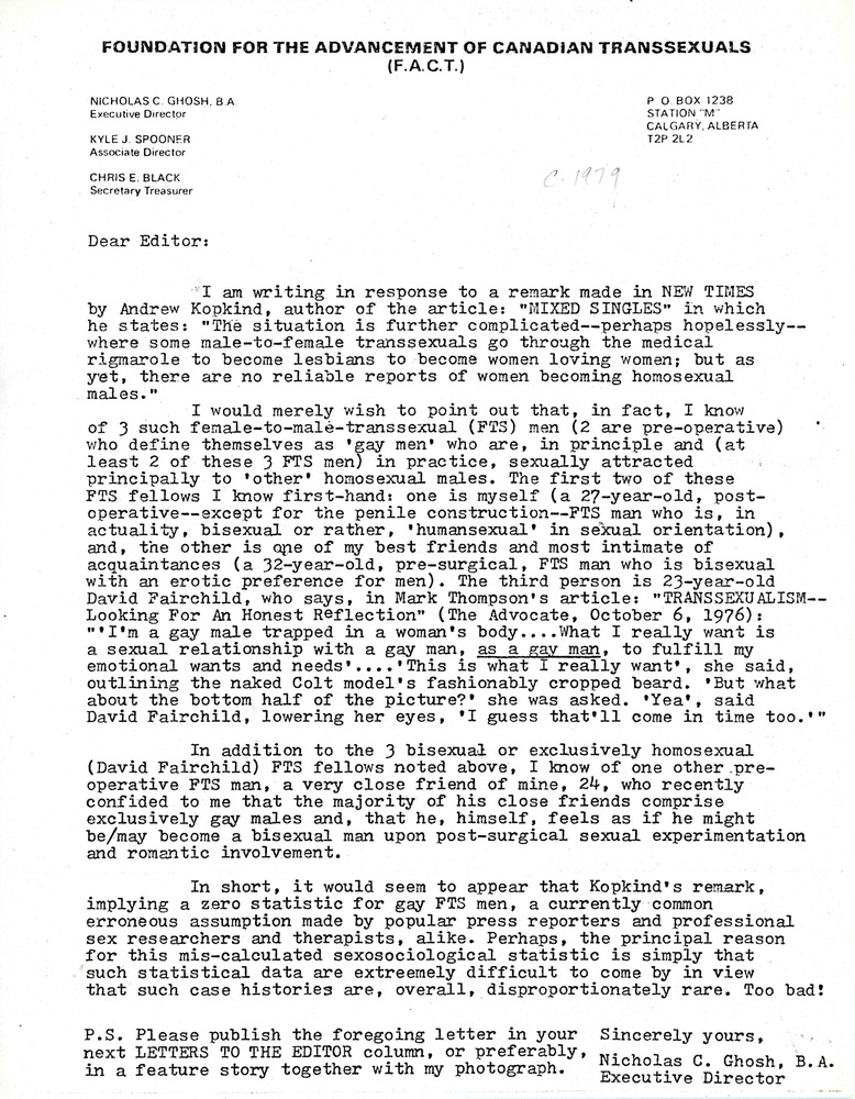 Download the full-sized image of Letter from Rupert Raj to the Editor of New Times Magazine (1979)