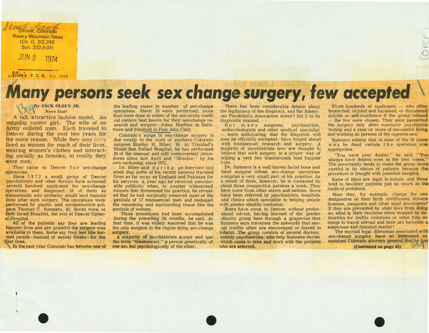 Download the full-sized PDF of Many Persons Seek Sex Change Surgery, Few Accepted