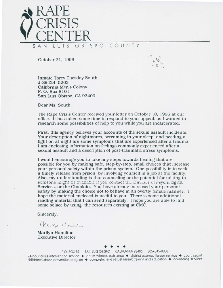 Download the full-sized PDF of Letter from Marilyn Hamilton to Torey Tuesday South