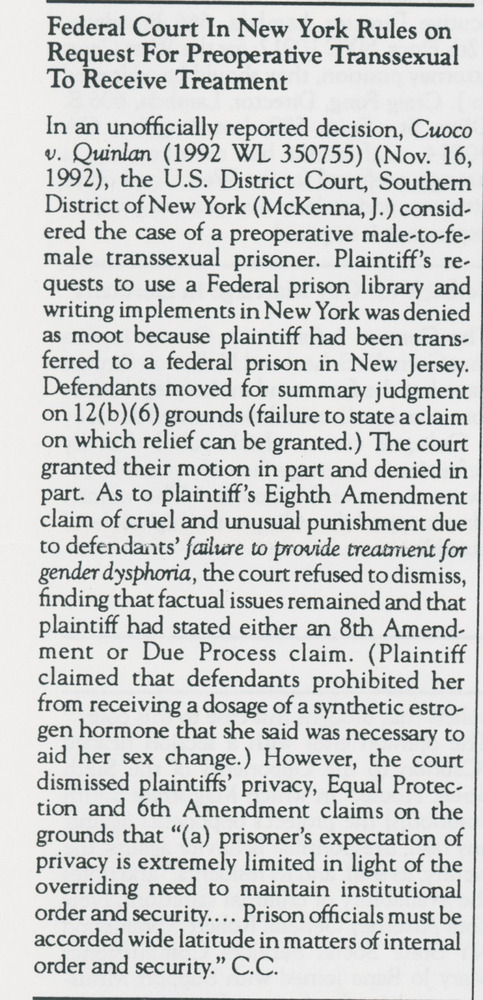 Download the full-sized PDF of Federal Court In New York Rules on Request For Preoperative Transsexual To Receive Treatment