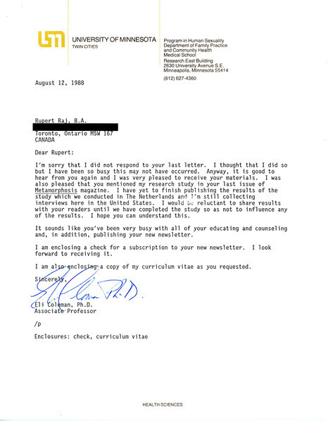 Letter from Dr. Eli Coleman to Rupert Raj (August 12, 1988) - Digital ...