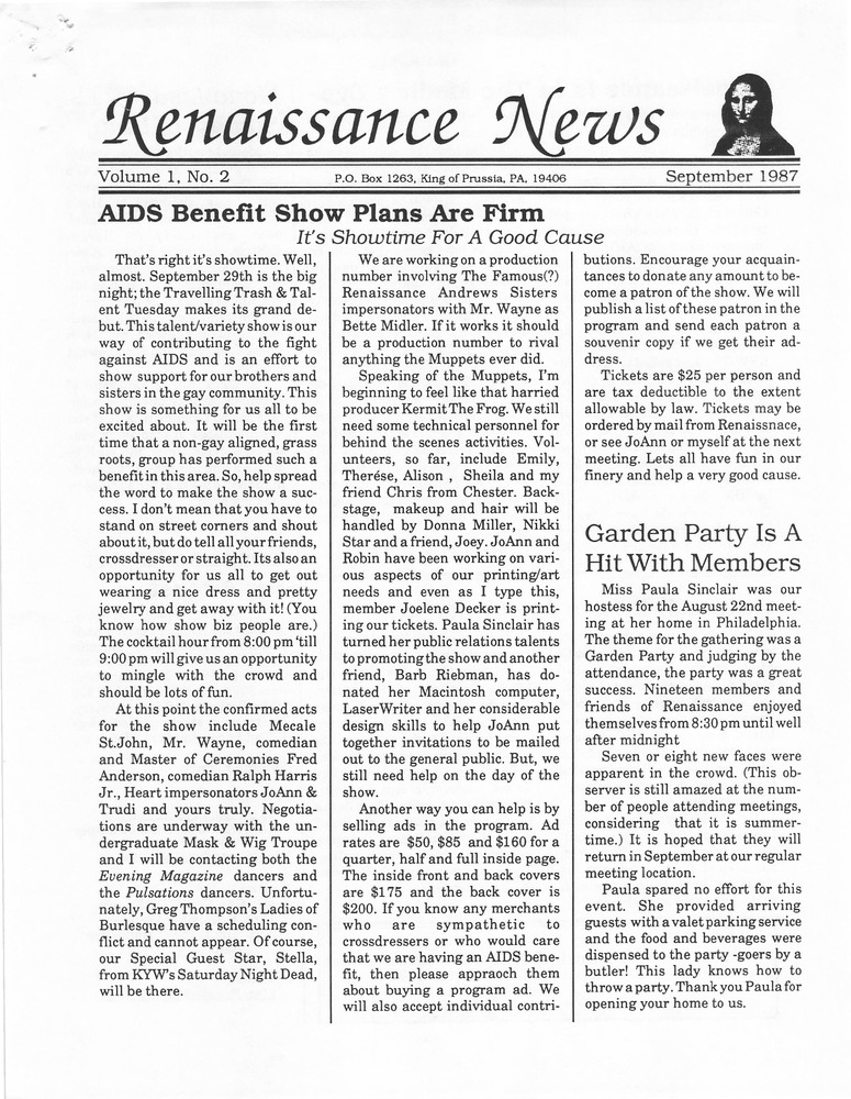 Download the full-sized PDF of Renaissance News, Vol. 1 No. 2 (September 1987)