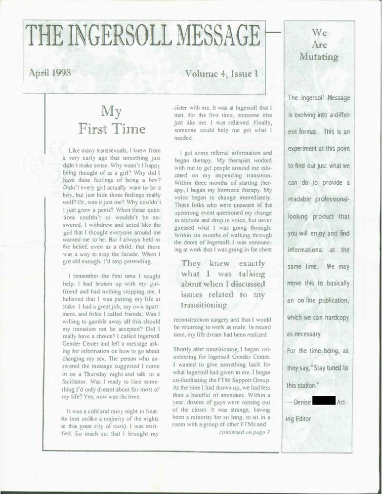 Download the full-sized PDF of The Ingersoll Message, Vol. 4 No. 1 (April, 1998)