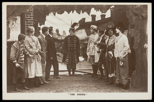 Download the full-sized image of Soldiers, one in drag, performing in the concert party "The Goods". Photographic postcard, 1918.