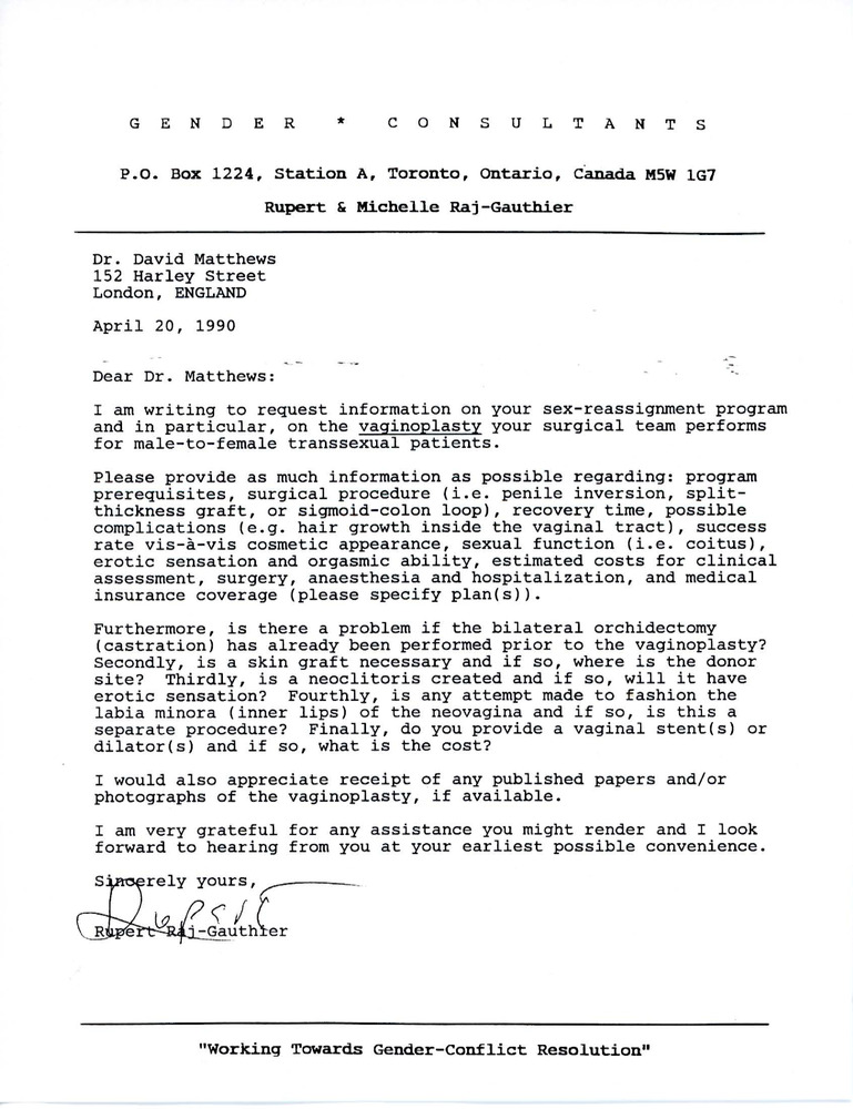 Download the full-sized image of Letter from Rupert Raj to Dr. David Matthews (April 20, 1990)