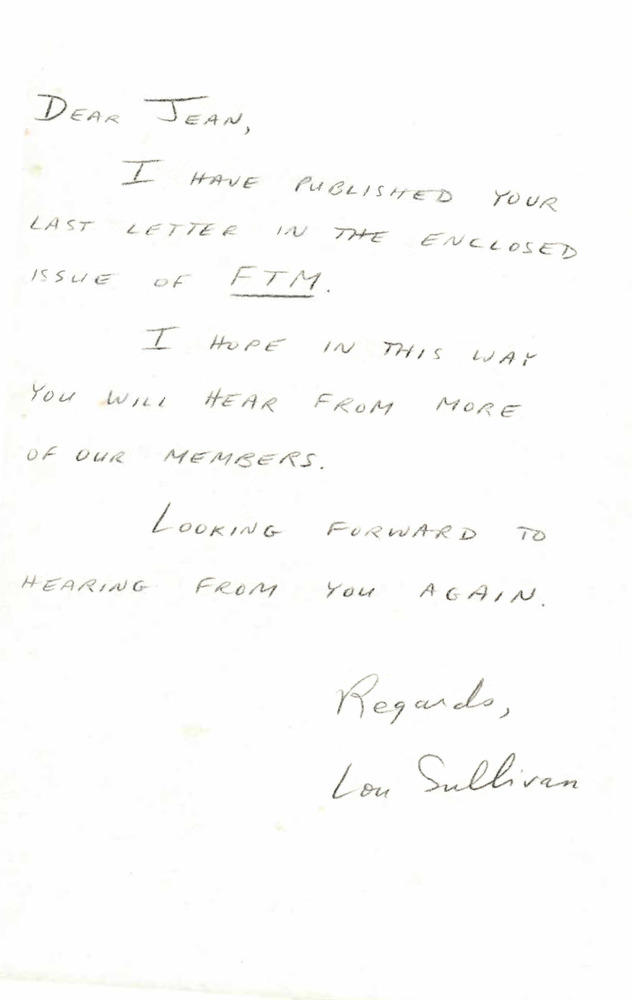 Download the full-sized PDF of Correspondence from Lou Sullivan to Jean Van Aarle