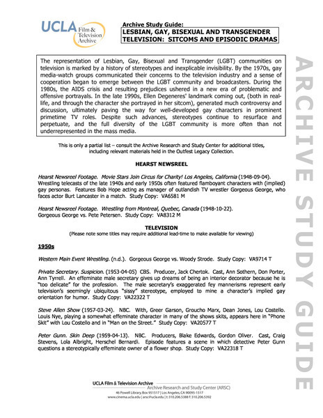 Download the full-sized image of Archive Study Guide: Lesbian, Gay, Bisexual, and Transgender Television: Sitcoms and Episodic Drama