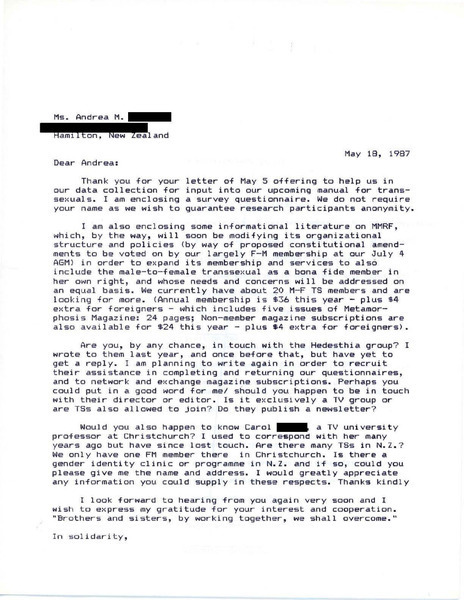 Download the full-sized image of Letter from Rupert Raj to Andrea M. (May 18, 1987)