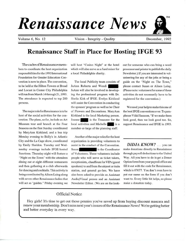 Download the full-sized PDF of Renaissance News, Vol. 6 No. 12 (December 1992)