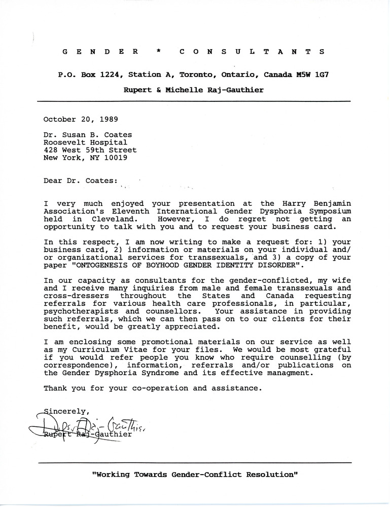Download the full-sized image of Letter from Rupert Raj to Dr. Susan B. Coates (October 20, 1989)