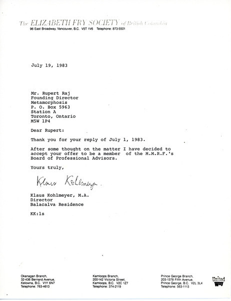 Download the full-sized image of Letter from Klaus Kohlmeyer to Rupert Raj (July 19th, 1983)