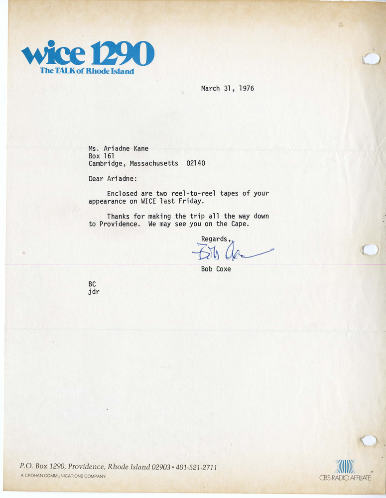 Download the full-sized PDF of Letter from WICE to Ariadne Kane, March 31, 1976