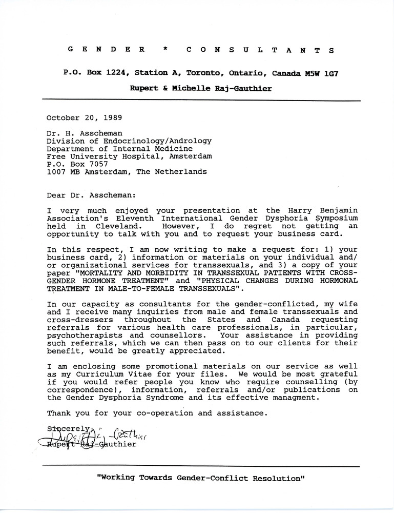 Download the full-sized image of Letter from Rupert Raj to Dr. H Asscheman (October 20, 1989)