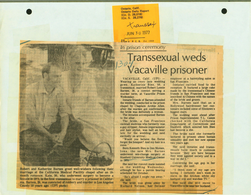 Download the full-sized PDF of In Prison Ceremony: Transsexual Weds Vacaville Prisoner