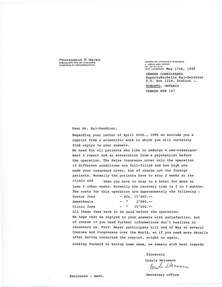 Download the full-sized image of Letter to Rupert Raj from the Office of R. Meyer (May 17, 1990)