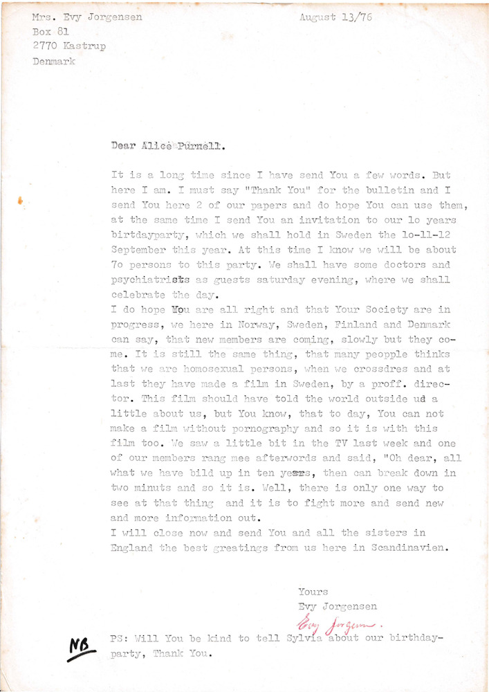 Download the full-sized PDF of Correspondence from Evy Jorgensen to Alice Purnell (August 13, 1976)