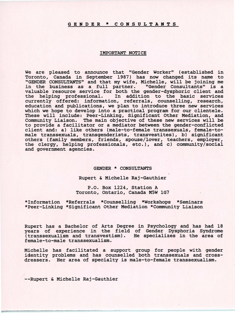 Download the full-sized image of Notice from Rupert Raj Regarding Gender Consultants