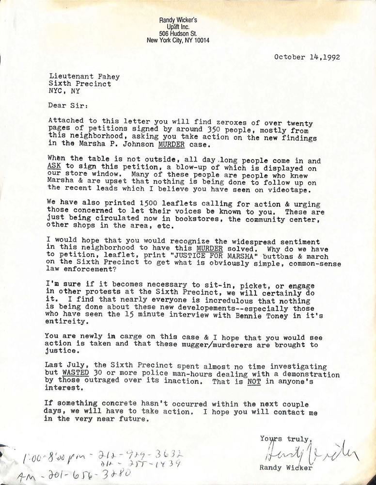 Download the full-sized PDF of A Letter from Randy Wicker to Lieutenant Fahey