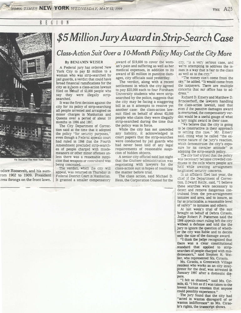 Download the full-sized PDF of $5 Million Jury Award in Strip-Search Case: Class-Action Suit Over a 10-Month Policy May Cost the City More