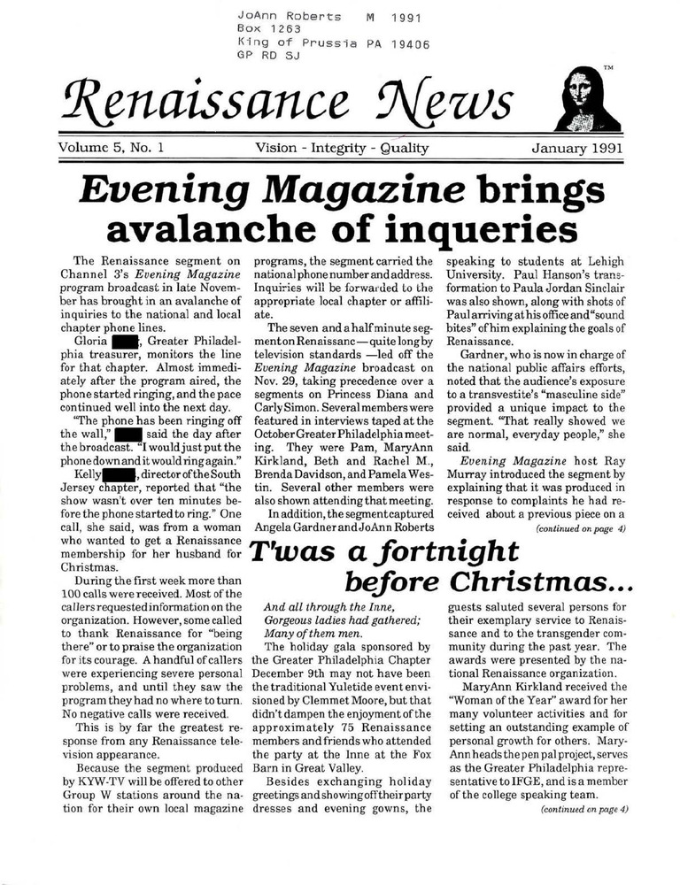 Download the full-sized PDF of Renaissance News, Vol. 5 No. 1 (January 1991)