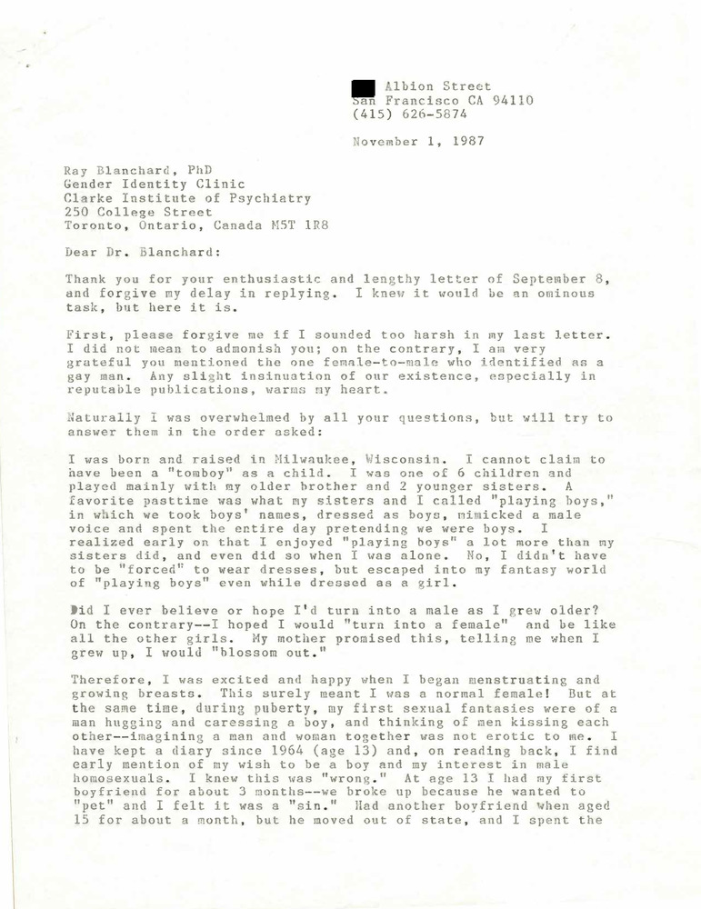 Download the full-sized PDF of Correspondence from Lou Sullivan to Ray Blanchard (November 1, 1987)