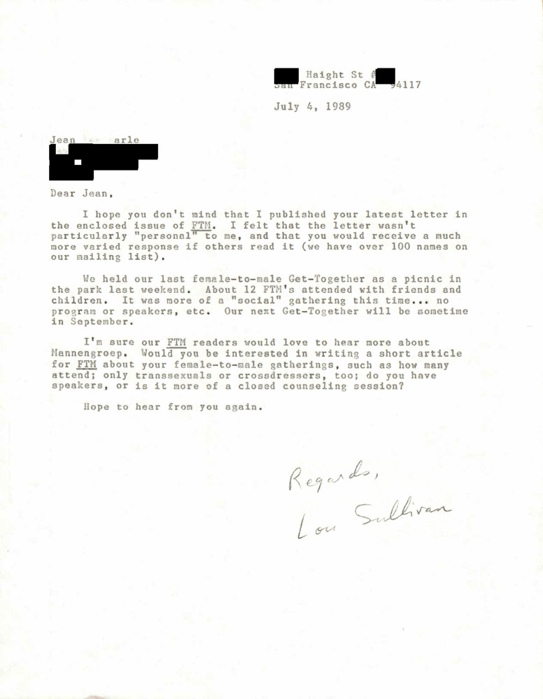 Download the full-sized PDF of Correspondence from Lou Sullivan to Jean Van Aarle (July 4, 1989)